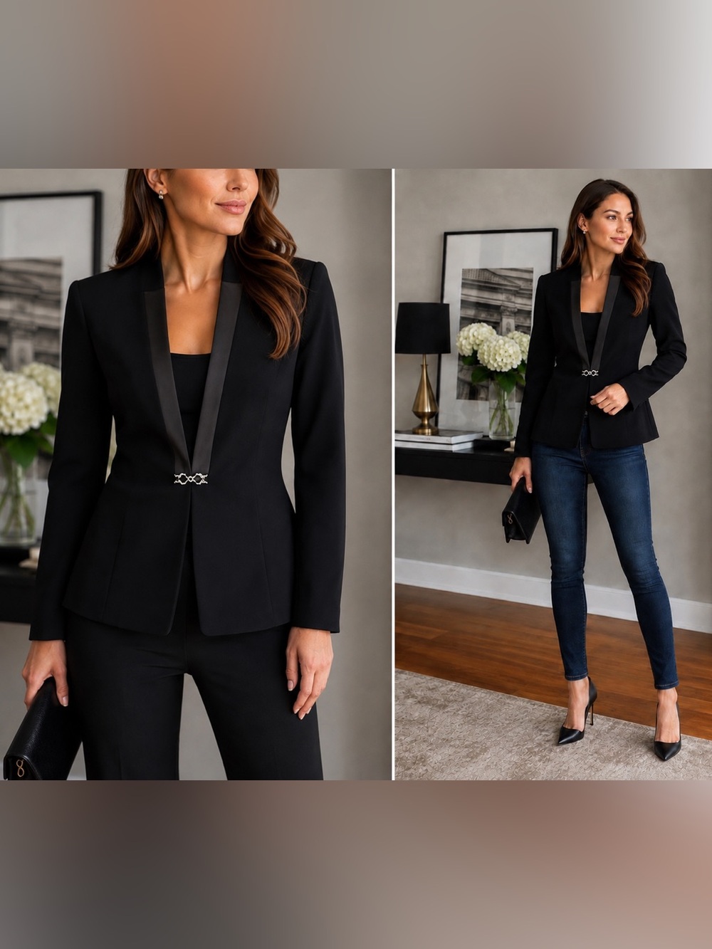 Tahari Arthur S. Levine Luxe Black Blazer with Jeweled Clasp Size 6